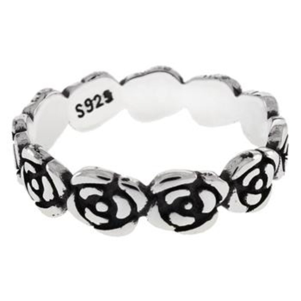 Roses 925 Sterling Silver Oxidized Rose Band Ring